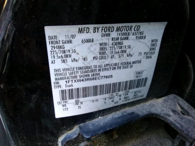 1FTXW43R68EC77605 - 2008 FORD F450 SUPER BLACK photo 10