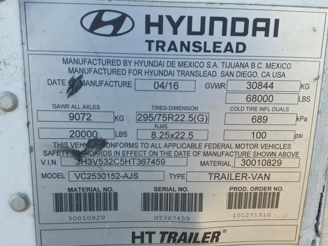 3H3V532C5HT367459 - 2017 HYUNDAI TRAILER Weiß Foto 10