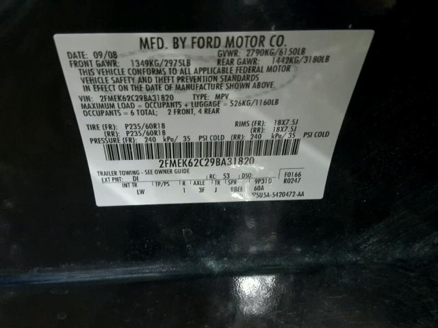 2FMEK62C29BA31820 - 2009 FORD FLEX SEL BLUE photo 10