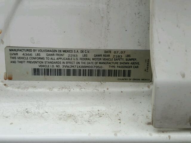 3VWJM71K88M007950 - 2008 VOLKSWAGEN JETTA S WHITE photo 10