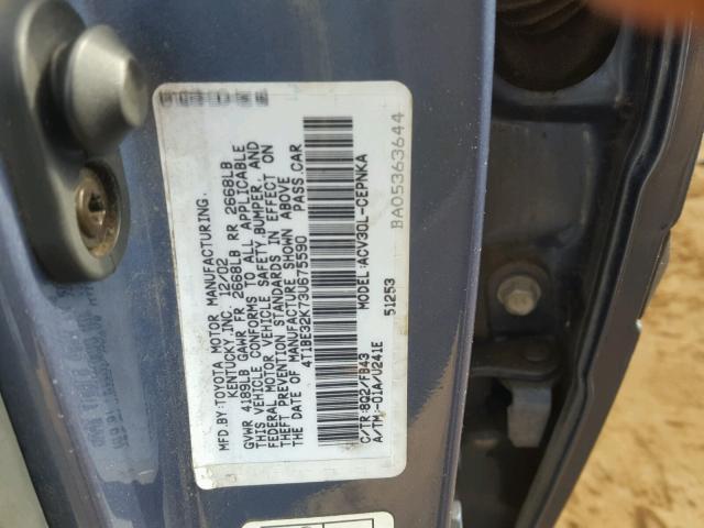 4T1BE32K73U675590 - 2003 TOYOTA CAMRY LE BLUE photo 10