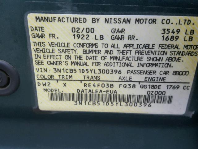 3N1CB51D5YL300396 - 2000 NISSAN SENTRA BAS GREEN photo 10