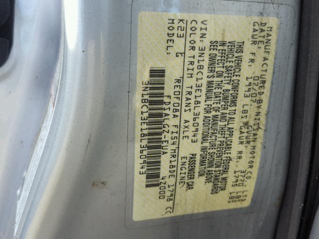 3N1BC13E18L360943 - 2008 NISSAN VERSA S SILVER photo 10