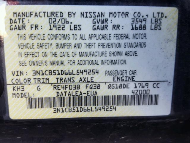 3N1CB51D66L549254 - 2006 NISSAN SENTRA 1.8 BLACK photo 10