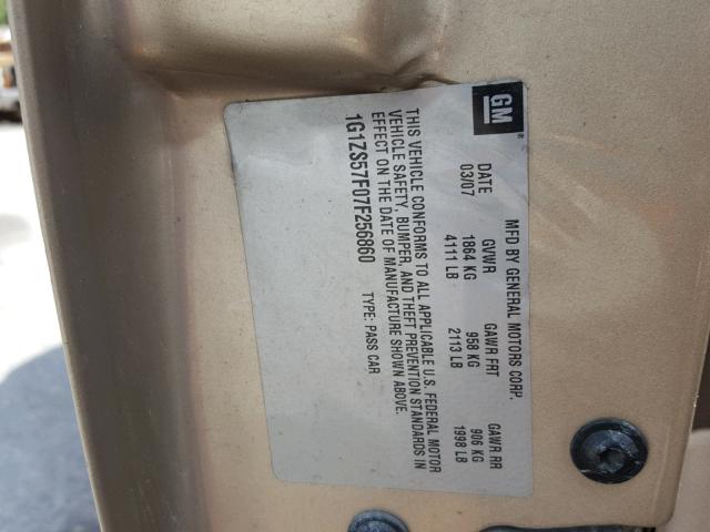 1G1ZS57F07F256860 - 2007 CHEVROLET MALIBU LS ოქროსფერი ფოტო 10