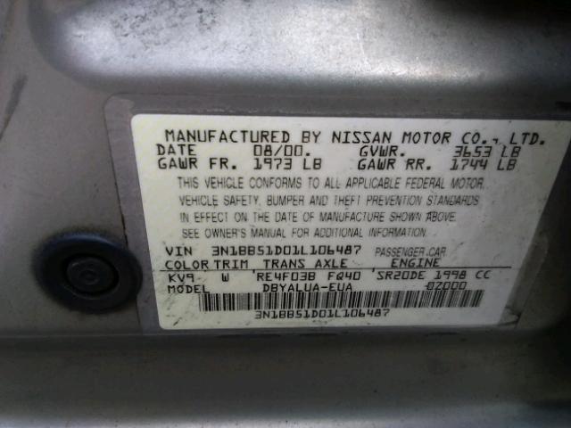 3N1BB51D01L106487 - 2001 NISSAN SENTRA SE GRAY photo 10