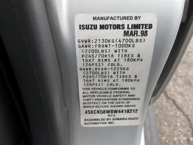4S6CK58W8W4418212 - 1998 HONDA PASSPORT E 银色 照片 10