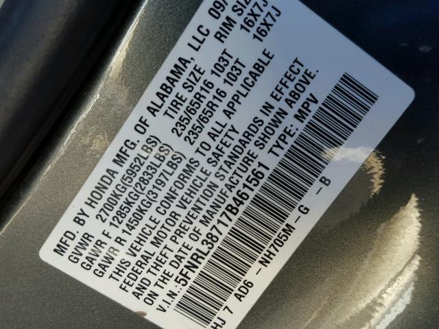5FNRL38717B461561 - 2007 HONDA ODYSSEY EX GRAY photo 10