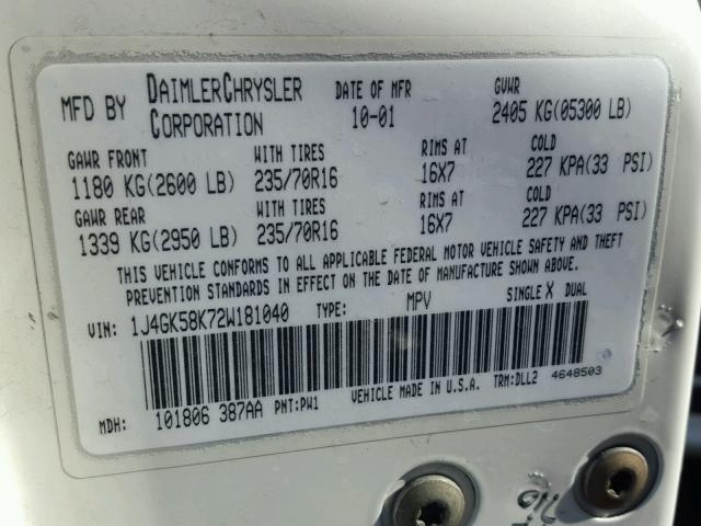 1J4GK58K72W181040 - 2002 JEEP LIBERTY LI WHITE photo 10