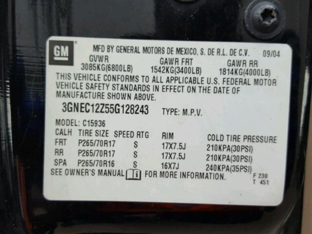 3GNEC12Z55G128243 - 2005 CHEVROLET AVALANCHE BLACK photo 10