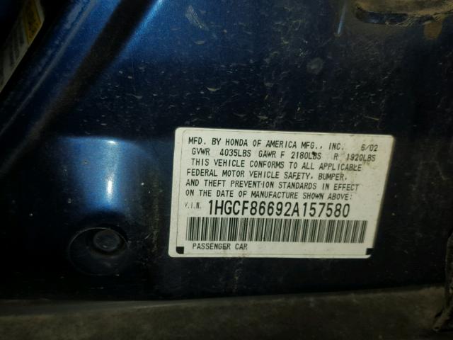 1HGCF86692A157580 - 2002 HONDA ACCORD VAL BLUE photo 10