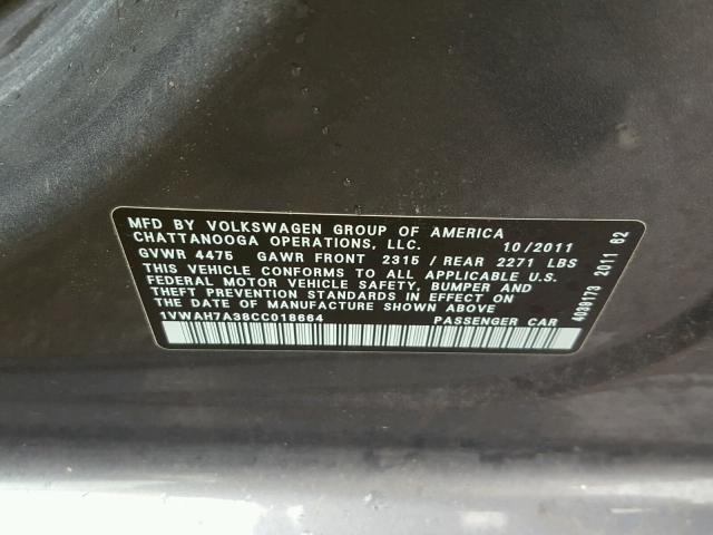 1VWAH7A38CC018664 - 2012 VOLKSWAGEN PASSAT S رمادي صورة 10
