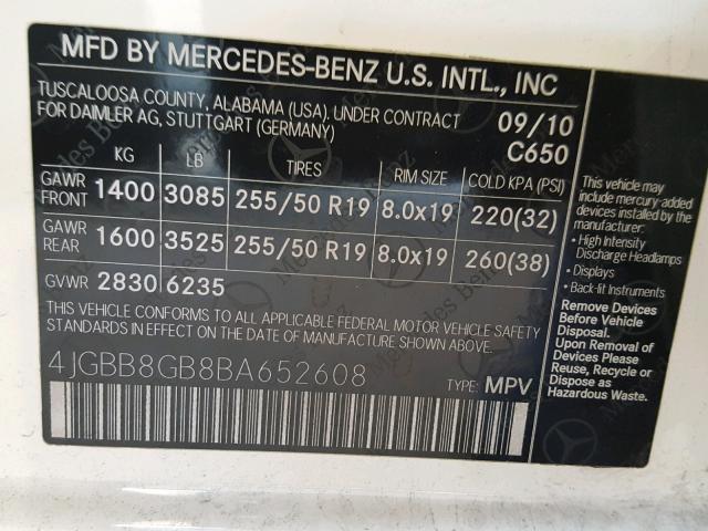 4JGBB8GB8BA652608 - 2011 MERCEDES-BENZ ML 350 4MA WHITE photo 10