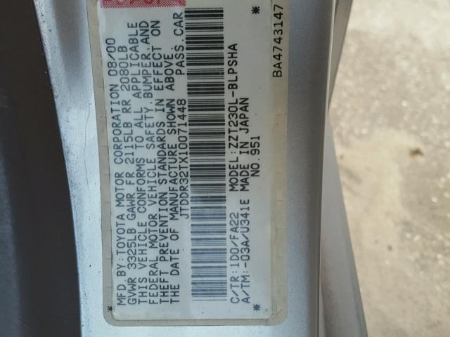 JTDDR32TX10071448 - 2001 TOYOTA CELICA GT SILVER photo 10