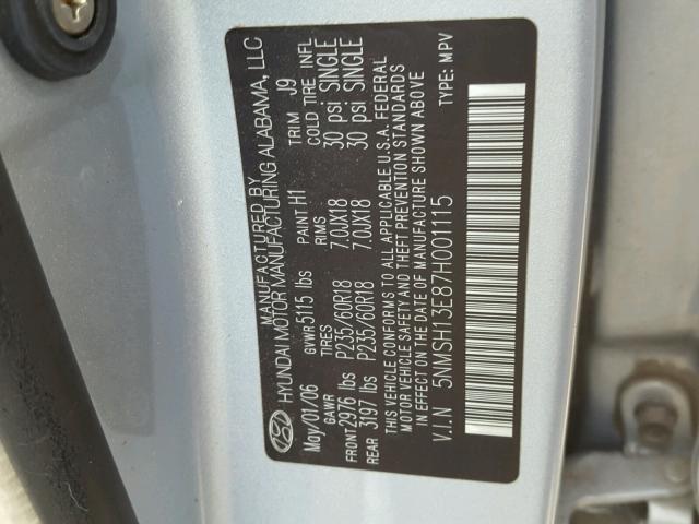 5NMSH13E87H001115 - 2007 HYUNDAI SANTA FE S BLUE photo 10