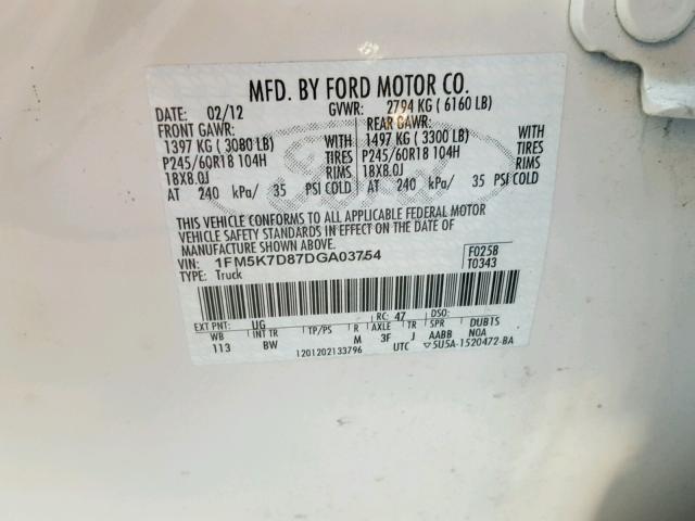 1FM5K7D87DGA03754 - 2013 FORD EXPLORER X WHITE photo 10