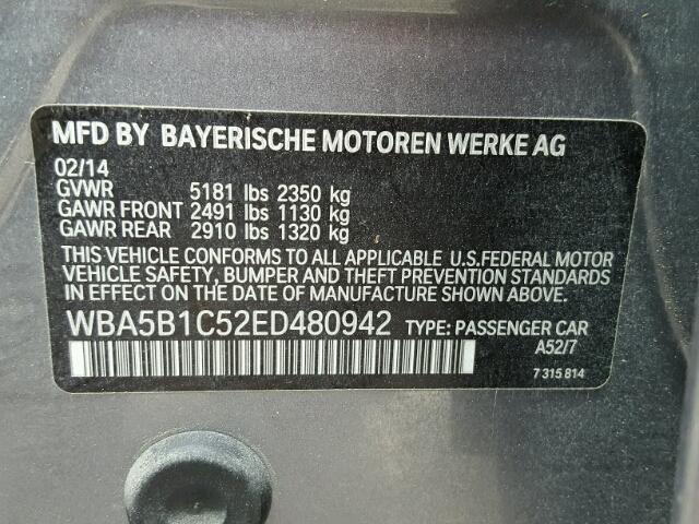 WBA5B1C52ED480942 - 2014 BMW 535 I GRAY photo 10