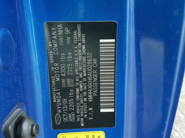 KMHHU6KH6AU028632 - 2010 HYUNDAI GENESIS CO BLUE photo 10