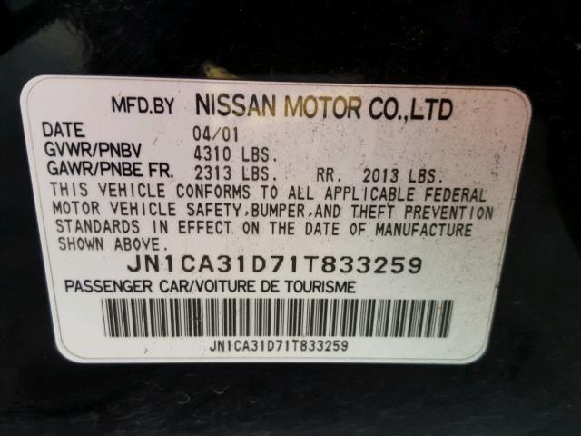 JN1CA31D71T833259 - 2001 NISSAN MAXIMA GXE BLACK photo 10