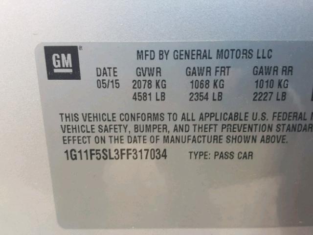 1G11F5SL3FF317034 - 2015 CHEVROLET MALIBU LTZ 银色 照片 10