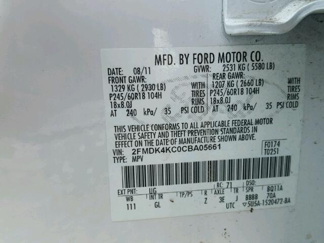 2FMDK4KC0CBA05661 - 2012 FORD EDGE LIMIT WHITE photo 10