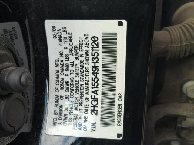 2HGFA15549H351120 - 2009 HONDA CIVIC LX BLACK photo 10