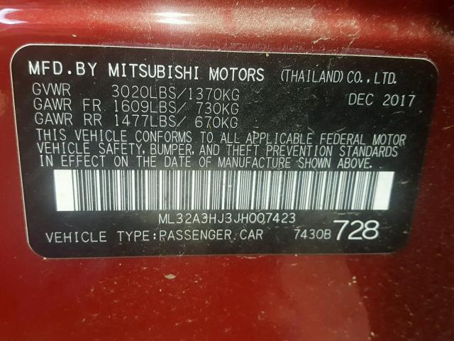ML32A3HJ3JH007423 - 2018 MITSUBISHI MIRAGE ES RED photo 10