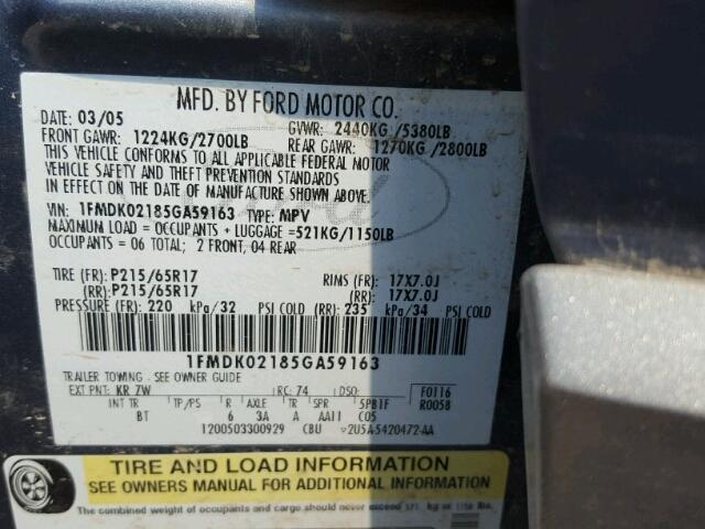 1FMDK02185GA59163 - 2005 FORD FREESTYLE BLUE photo 10