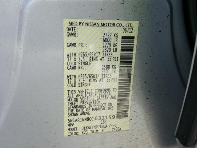 5N1AR1NN8CC631159 - 2012 NISSAN PATHFINDER SILVER photo 10