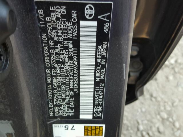 JTDKB20U693499111 - 2009 TOYOTA PRIUS BLACK photo 10