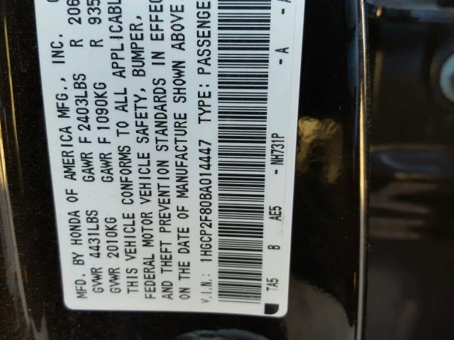 1HGCP2F80BA014447 - 2011 HONDA ACCORD EXL BLACK photo 10