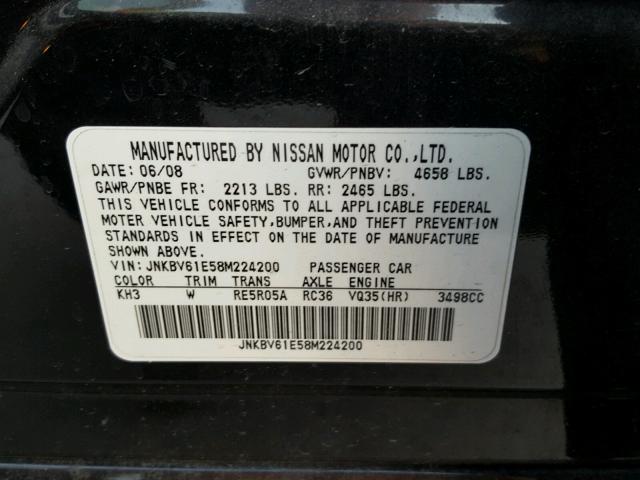 JNKBV61E58M224200 - 2008 INFINITI G35 BLACK photo 10