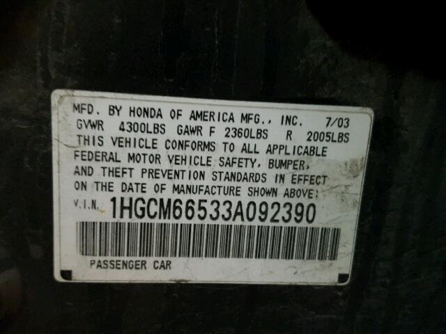 1HGCM66533A092390 - 2003 HONDA ACCORD EX GRAY photo 10