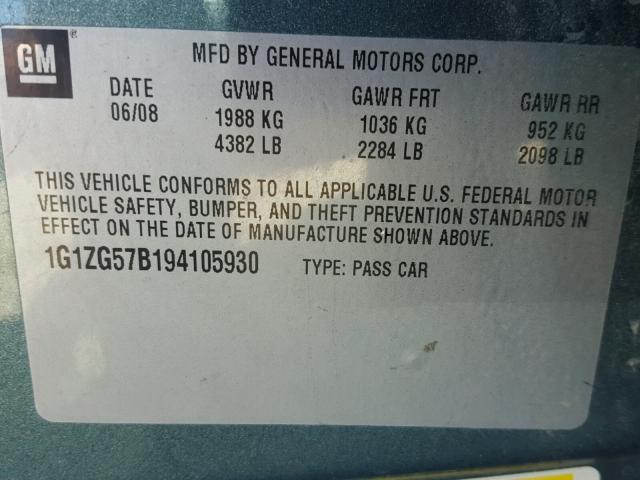 1G1ZG57B194105930 - 2009 CHEVROLET MALIBU LS GREEN photo 10