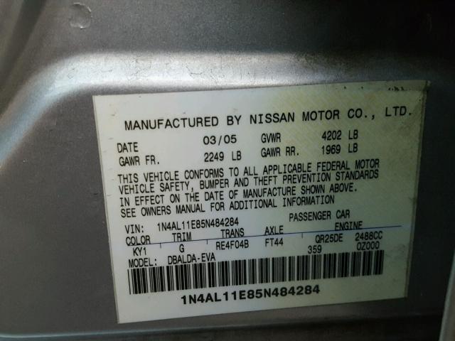 1N4AL11E85N484284 - 2005 NISSAN ALTIMA S SILVER photo 10