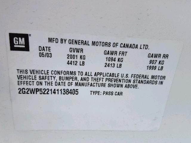 2G2WP522141138405 - 2004 PONTIAC GRAND PRIX WHITE photo 10