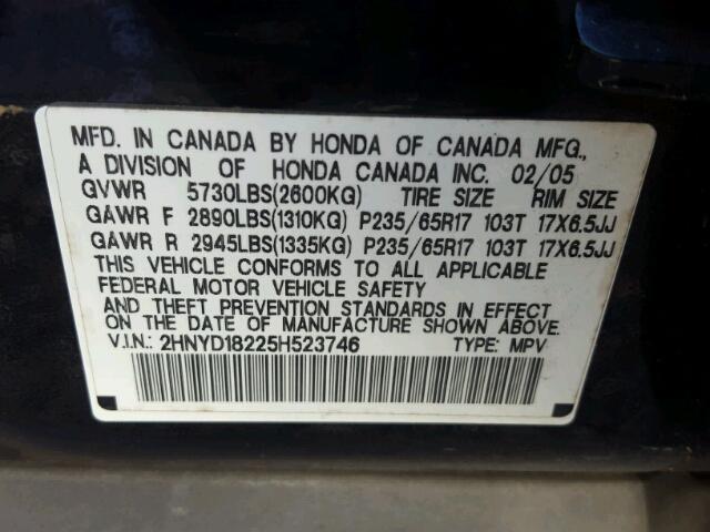 2HNYD18225H523746 - 2005 ACURA MDX BLACK photo 10