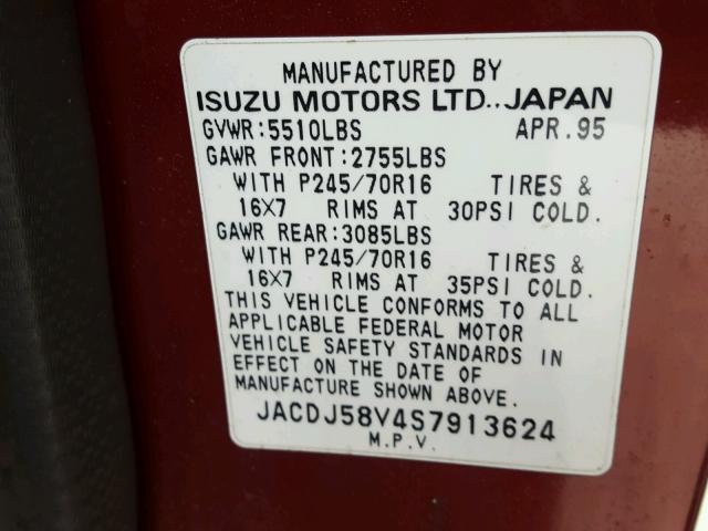 JACDJ58V4S7913624 - 1995 ISUZU TROOPER S BURGUNDY photo 10