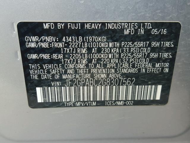 JF2GPABC2G8307562 - 2016 SUBARU CROSSTREK SILVER photo 10