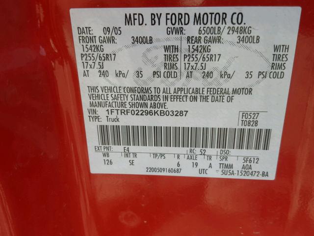 1FTRF02296KB03287 - 2006 FORD F150 RED photo 10