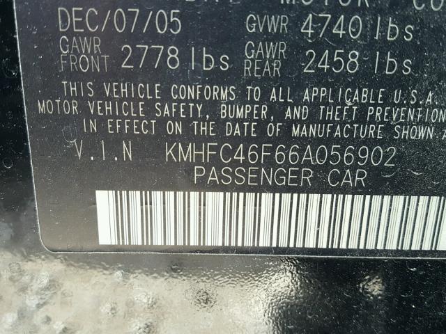 KMHFC46F66A056902 - 2006 HYUNDAI AZERA SE BLACK photo 10