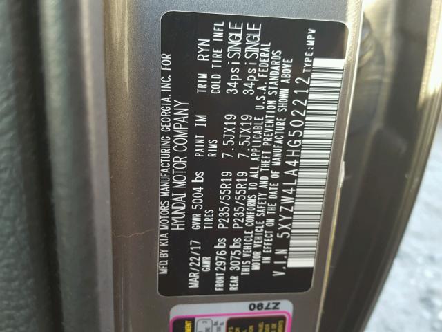 5XYZW4LA4HG502212 - 2017 HYUNDAI SANTA FE S SILVER photo 10