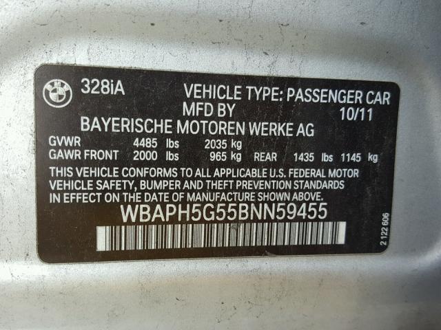 WBAPH5G55BNN59455 - 2011 BMW 328 I SULE SILVER photo 10