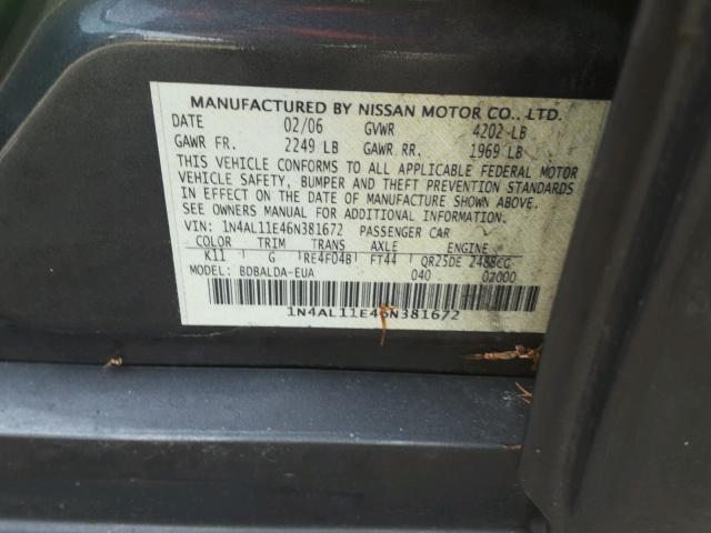 1N4AL11E46N381672 - 2006 NISSAN ALTIMA S GRAY photo 10