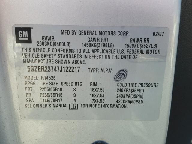 5GZER23747J122217 - 2007 SATURN OUTLOOK XR თაფლისფერი ფოტო 10