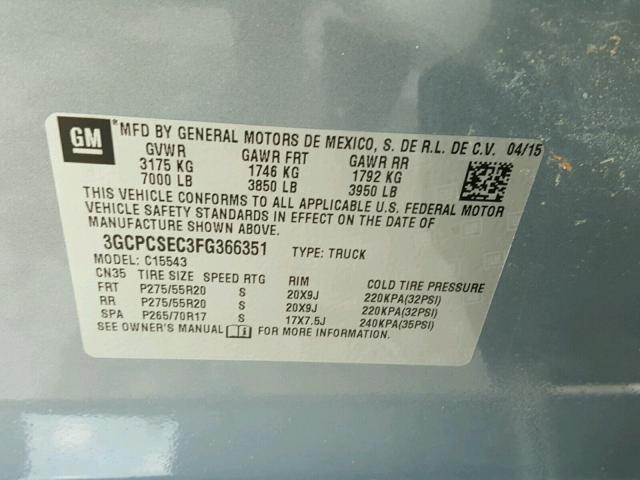 3GCPCSEC3FG366351 - 2015 CHEVROLET SILVERADO BLUE photo 10