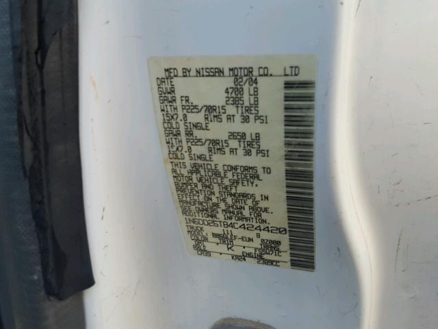 1N6DD26T84C424420 - 2004 NISSAN FRONTIER K WHITE photo 10