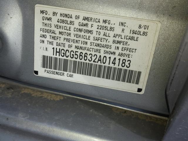 1HGCG56632A014183 - 2002 HONDA ACCORD EX SILVER photo 10