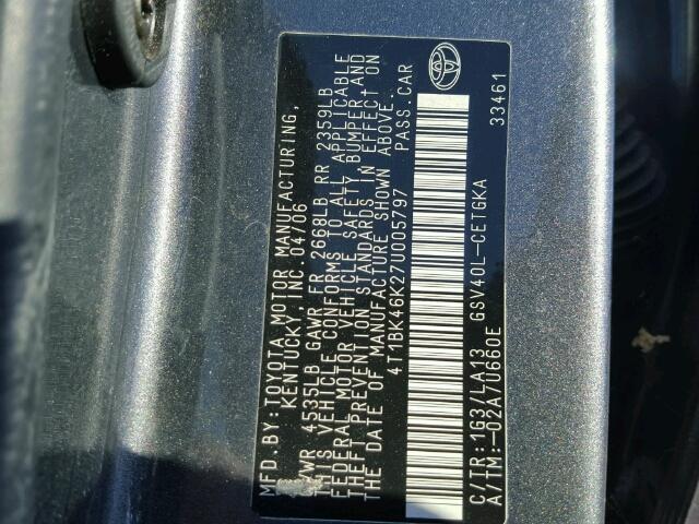 4T1BK46K27U005797 - 2007 TOYOTA CAMRY NEW CHARCOAL photo 10