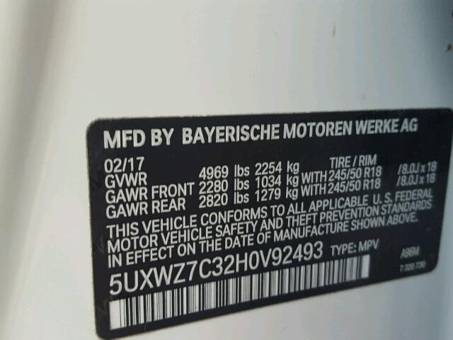 5UXWZ7C32H0V92493 - 2017 BMW X3 SDRIVE2 WHITE photo 10